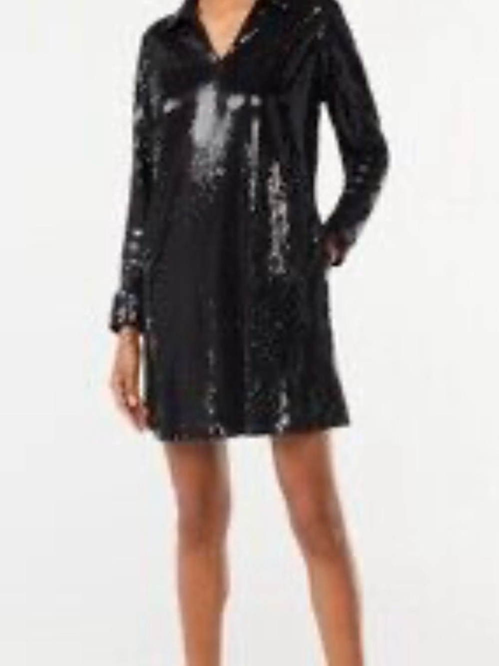 Scoop Sequin Mini Dress with V-Neck and Long Sleeves - Black